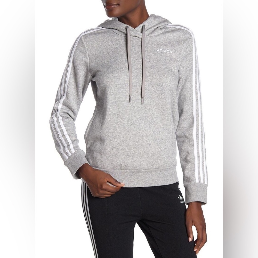 Adidas Essentials Fleece Hoodie Sweatshirt 3 Stripes Heathered Gray Sz M